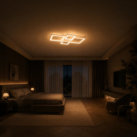 Lustra LED cu Telecomanda, ELLA, 4 Patrate, 85W, Lumina Rece/Calda/Neutra, Dimabila, Alb