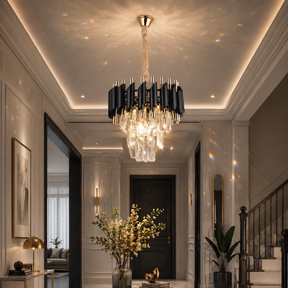 Candelabru Cristal VERSAILLES Petito 3xE14, Diametru 30cm, Auriu Lucios si Negru, Inaltime Reglabila