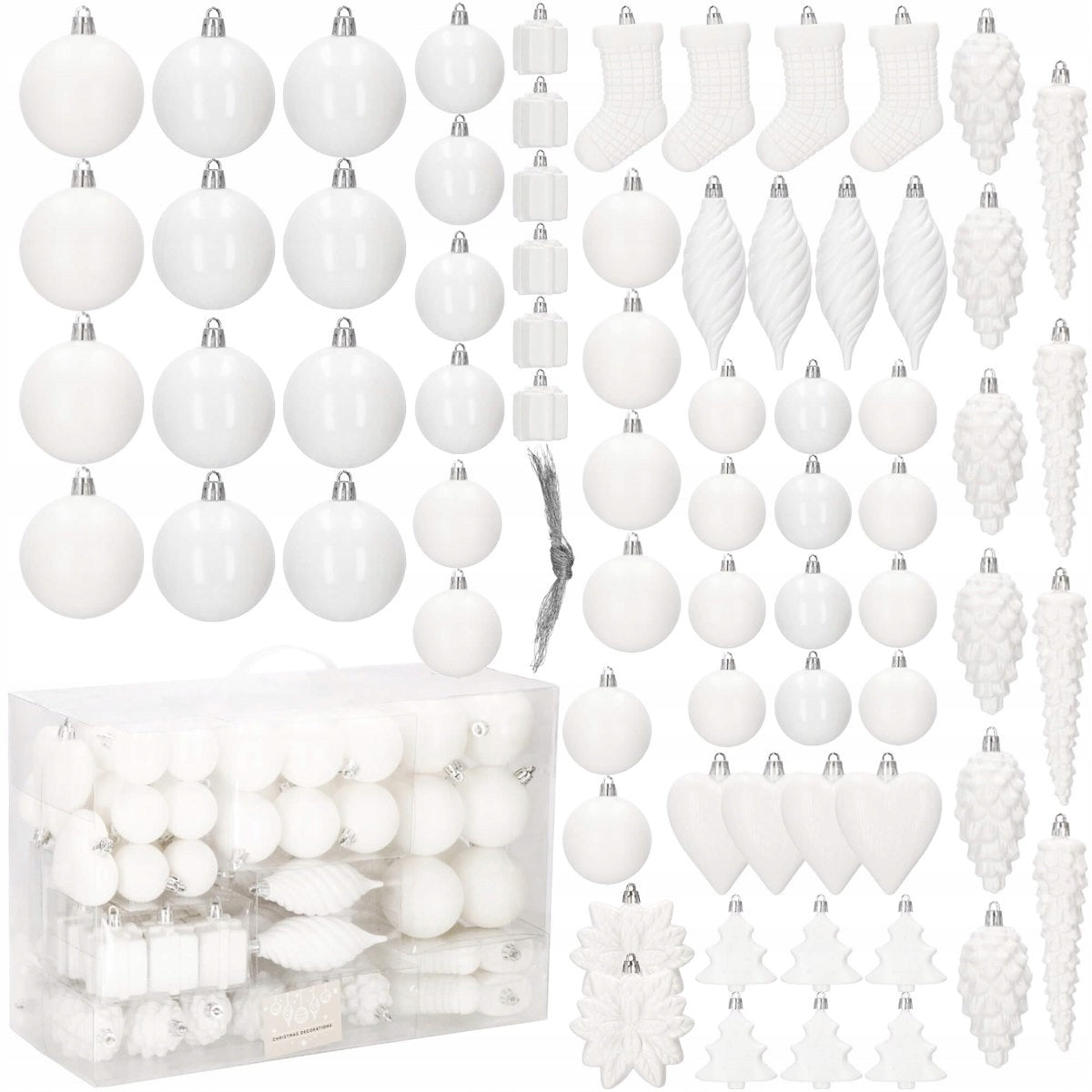 Set globuri si decoratiuni de Craciun, 72 piese, diverse dimensiuni, alb