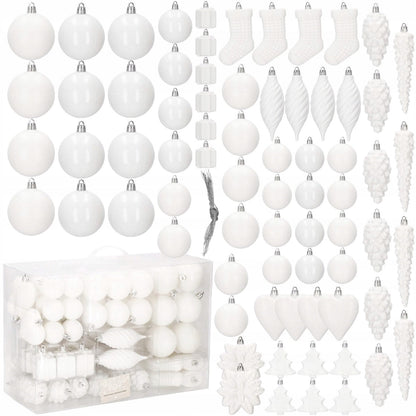 Set globuri si decoratiuni de Craciun, 72 piese, diverse dimensiuni, alb