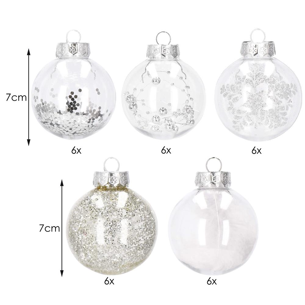 Set globuri de Craciun Inedit, 30 bucati, 7cm, transparente si argintiu