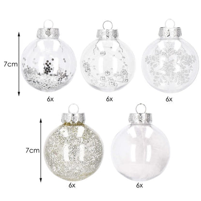 Set globuri de Craciun Inedit, 30 bucati, 7cm, transparente si argintiu