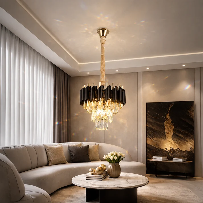 Candelabru Cristal VERSAILLES Petito 3xE14, Diametru 30cm, Auriu Lucios si Negru, Inaltime Reglabila