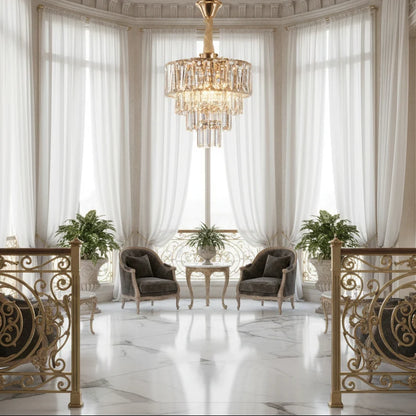 Candelabru Cristal VALMONT Petito 3xE14, D30 cm, Auriu, Inaltime Reglabila, Metal si Cristal