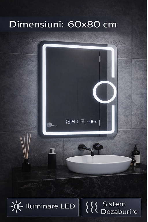 Oglinda LED Rectangulara, 60x80cm, Eclat MotionGlow Marcello, Ceas & Termometru, Sistem Dezaburire, Lupa Cosmetica, Dimabila