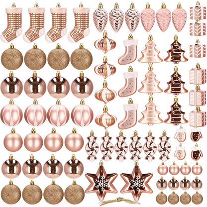 Set globuri si decoratiuni de Craciun, 77 piese, diverse dimensiuni, roz auriu