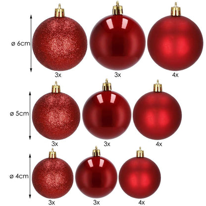 Set globuri de Craciun, 30 bucati, 3 modele, 4/5/6cm, rosu
