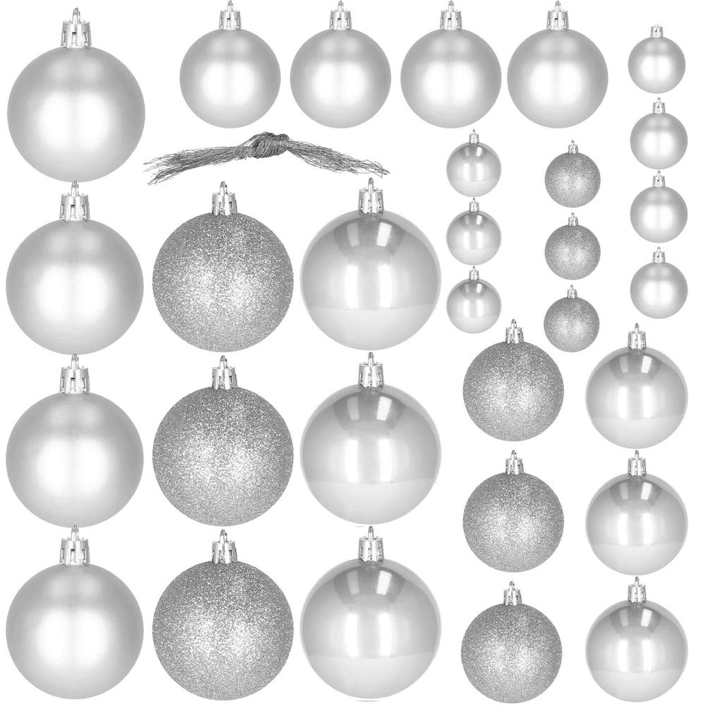 Set globuri de Craciun, 30 bucati, 3 modele, 4/5/6cm, argintiu