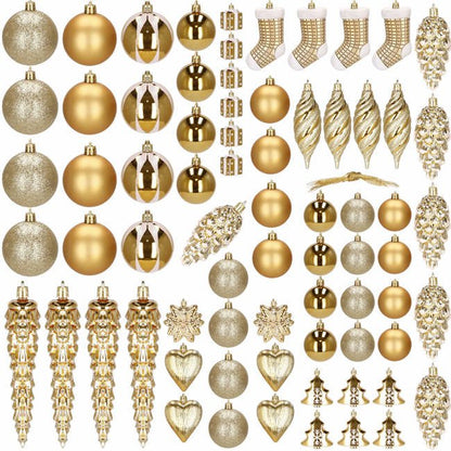 Set globuri si decoratiuni de Craciun, 72 piese, diverse dimensiuni, auriu
