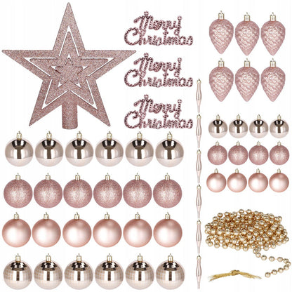 Set globuri si decoratiuni de Craciun, 51 piese, diverse dimensiuni, roz