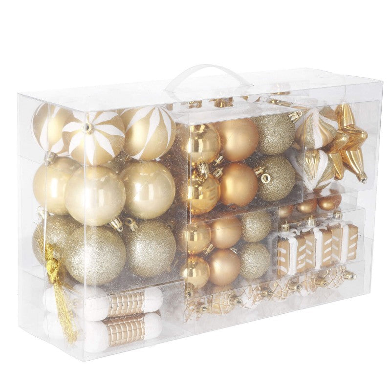 Set globuri si decoratiuni de Craciun, 77 piese, diverse dimensiuni, auriu