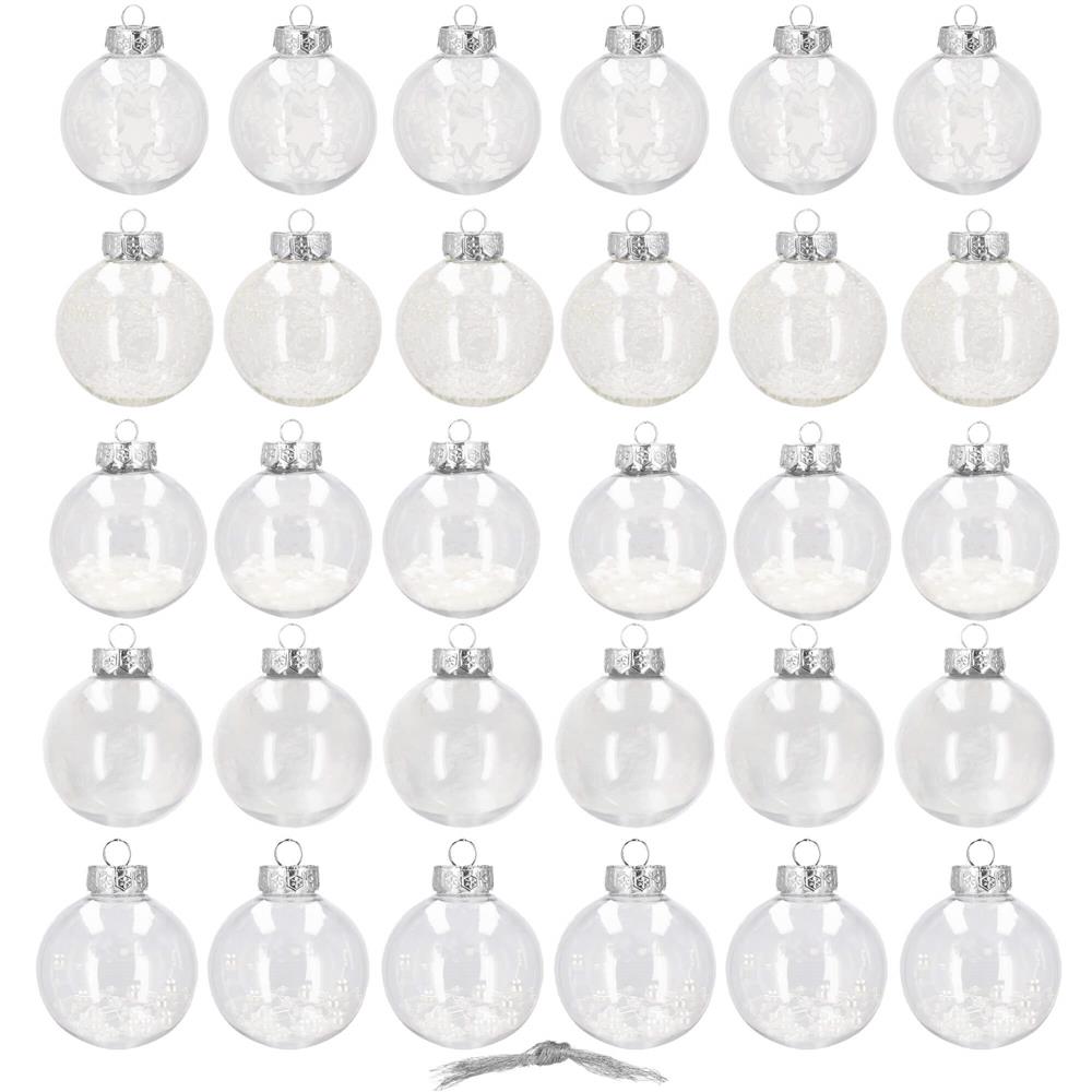 Set globuri de Craciun Inedit, 30 bucati, 7cm, transparente si alb