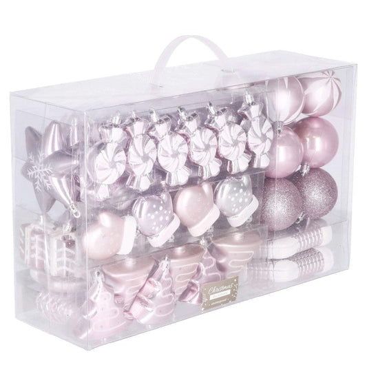 Set globuri si decoratiuni de Craciun, 77 piese, diverse dimensiuni, roz