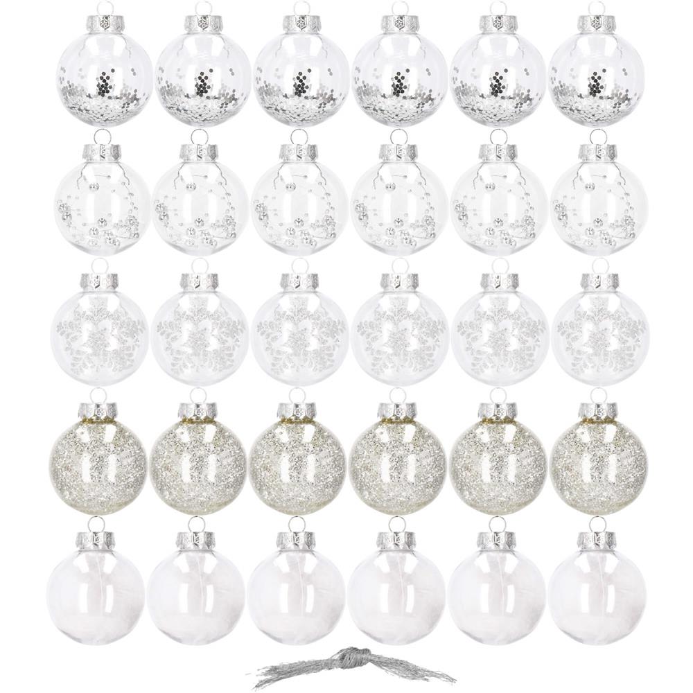 Set globuri de Craciun Inedit, 30 bucati, 7cm, transparente si argintiu
