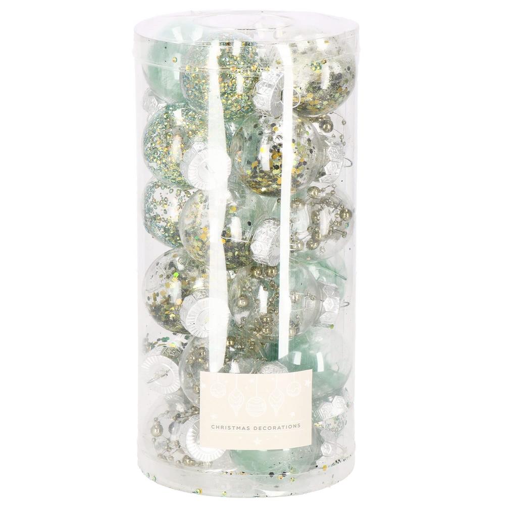 Set globuri de Craciun Inedit, 24 bucati, 5cm, transparente si verde