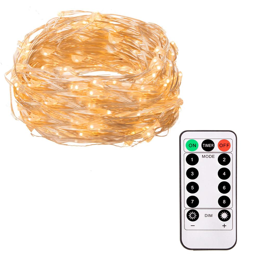 Instalatie lumina decorativa cu 100 LED-uri, 10m, alimentare baterii, telecomanda, iluminare galbena
