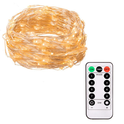 Instalatie lumina decorativa cu 100 LED-uri, 10m, alimentare baterii, telecomanda, iluminare galbena