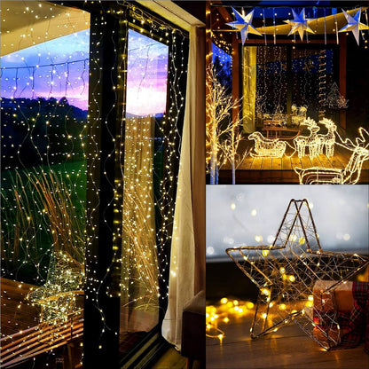 Ghirlanda luminoasa tip perdea 300 LED-uri, 3x3m, pentru interior, cu telecomanda, alb cald (galben)