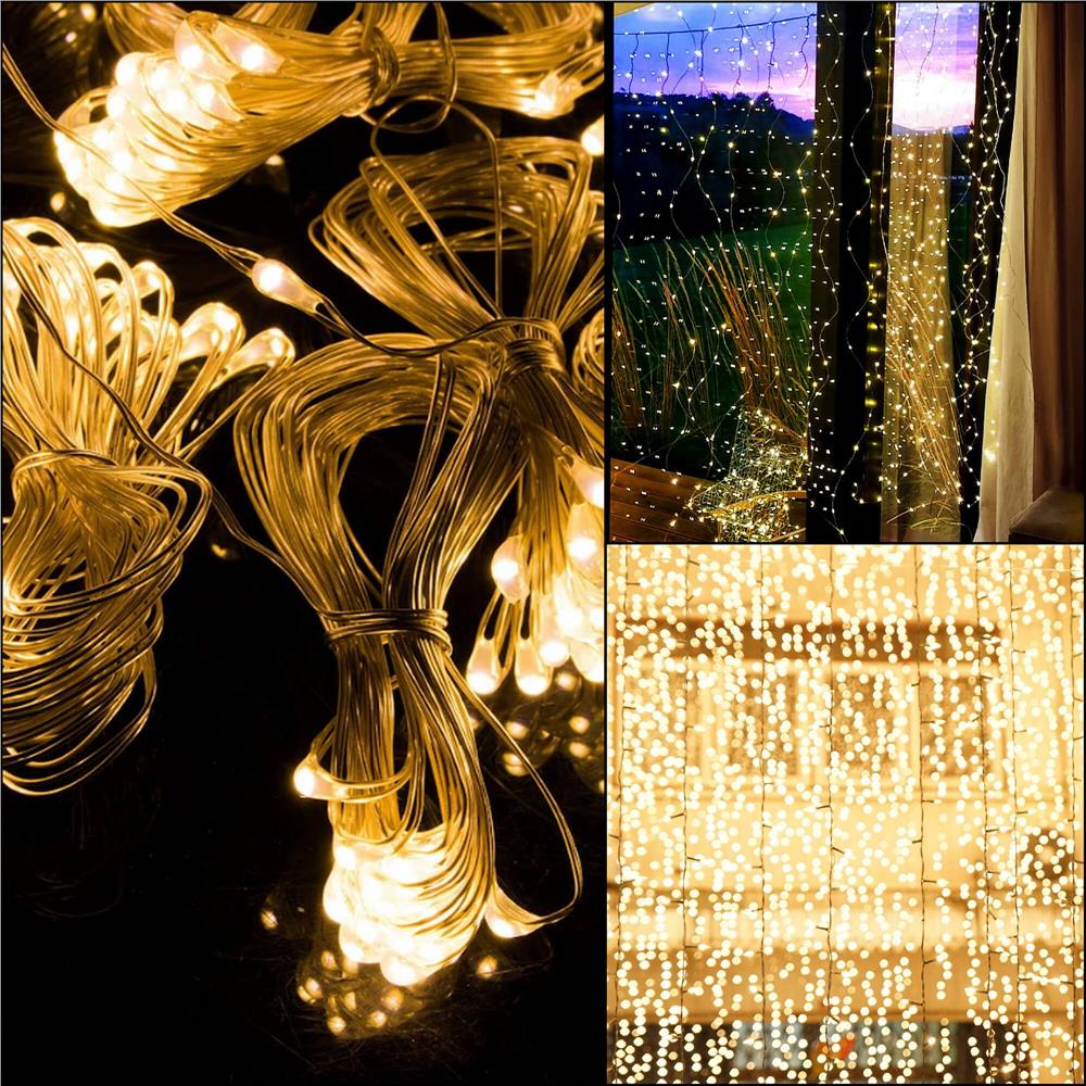 Ghirlanda luminoasa tip perdea 300 LED-uri, 3x3m, pentru interior, cu telecomanda, alb cald (galben)