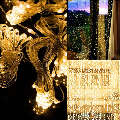 Ghirlanda luminoasa tip perdea 300 LED-uri, 3x3m, pentru interior, cu telecomanda, alb cald (galben)