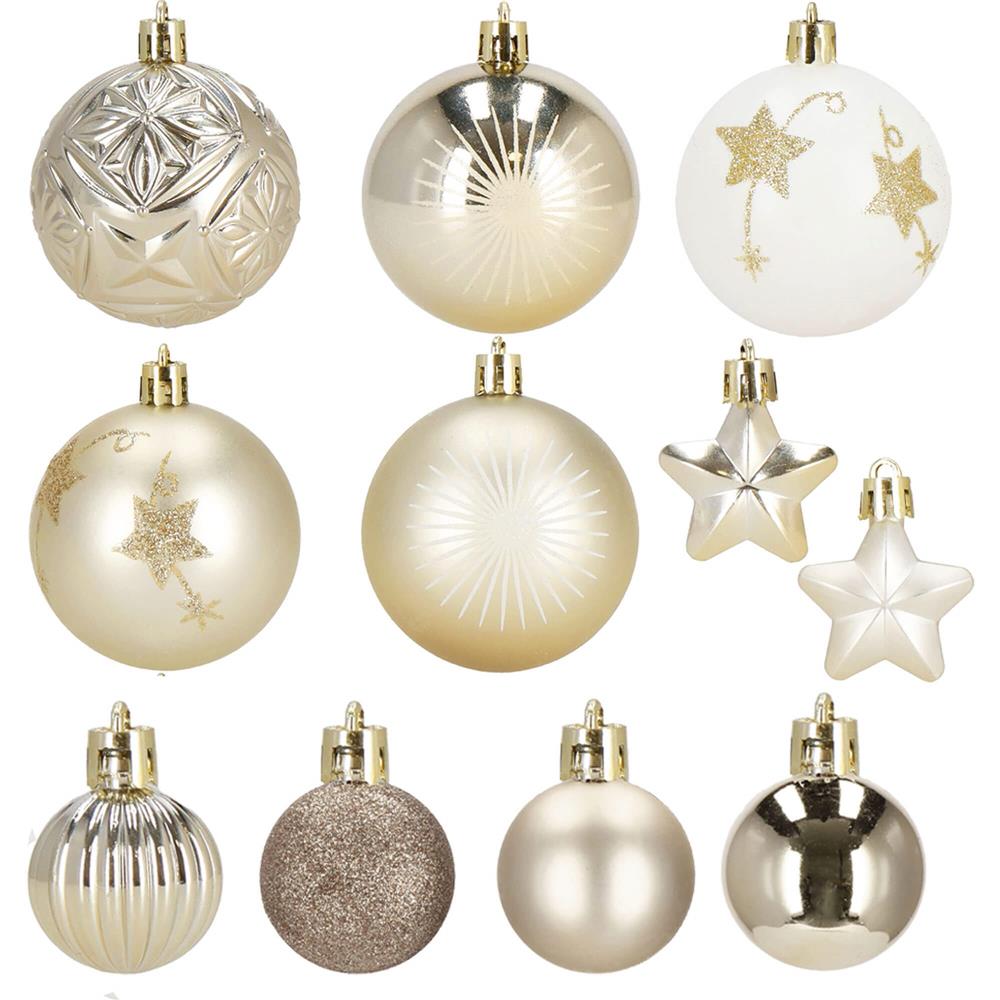 Set globuri si decoratiuni de Craciun, 70 piese, diverse dimensiuni, auriu si crem