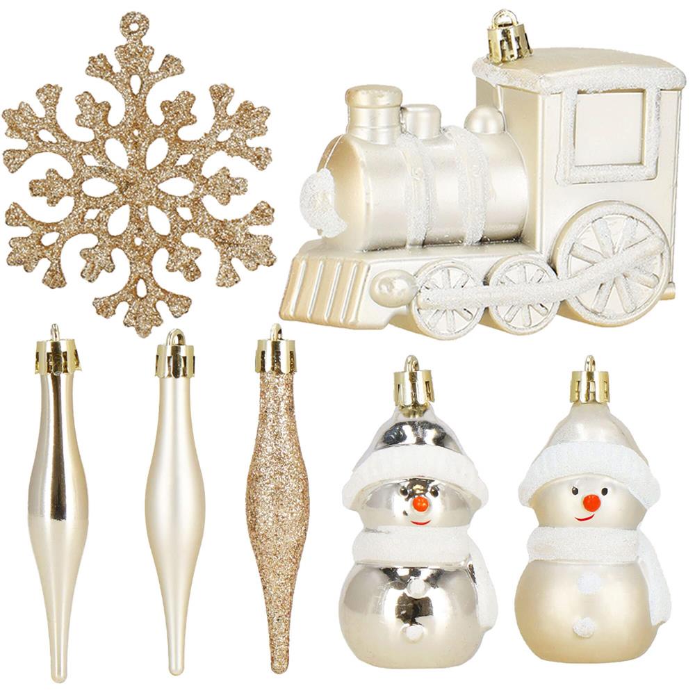 Set globuri si decoratiuni de Craciun, 70 piese, diverse dimensiuni, auriu si crem