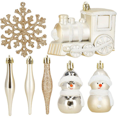 Set globuri si decoratiuni de Craciun, 70 piese, diverse dimensiuni, auriu si crem