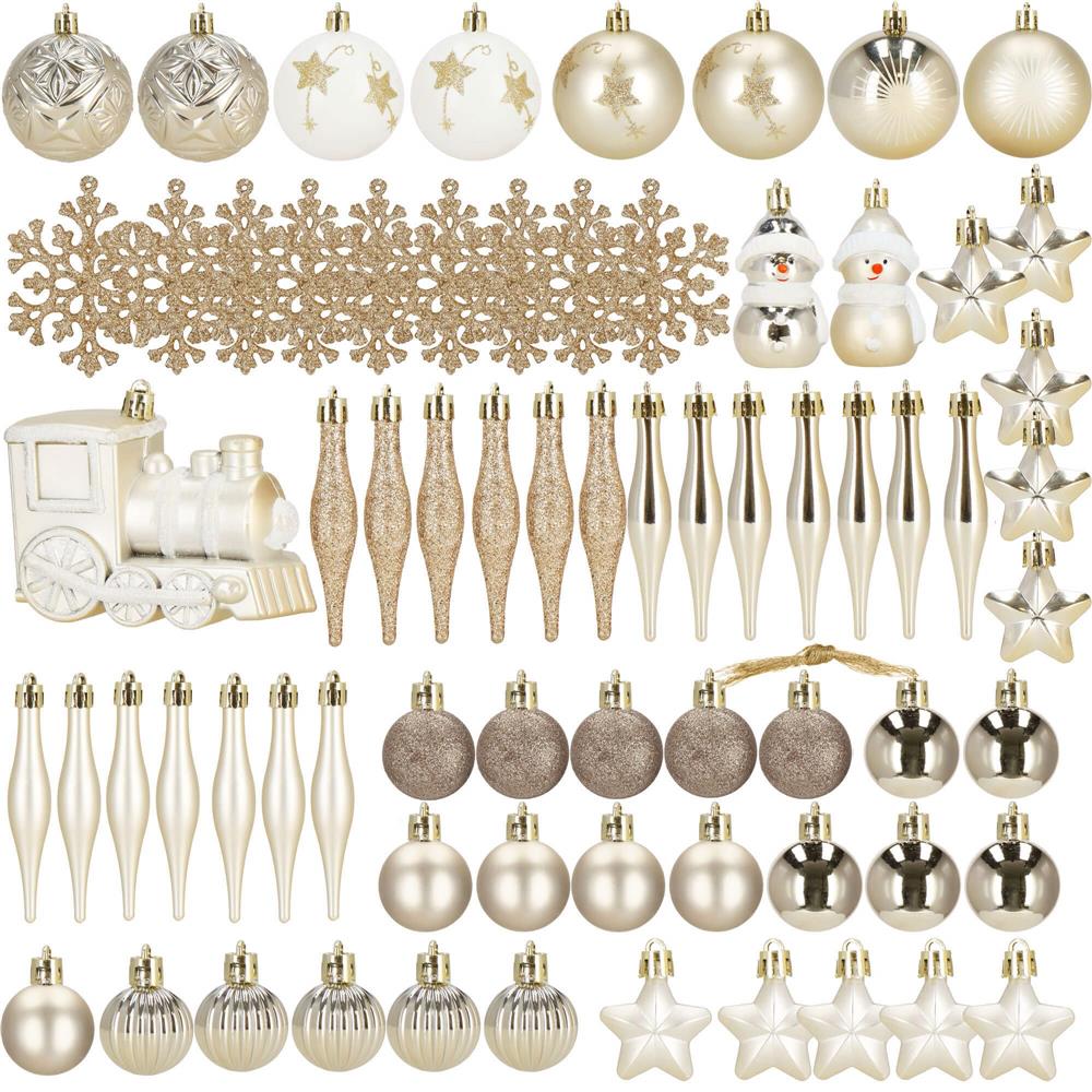 Set globuri si decoratiuni de Craciun, 70 piese, diverse dimensiuni, auriu si crem