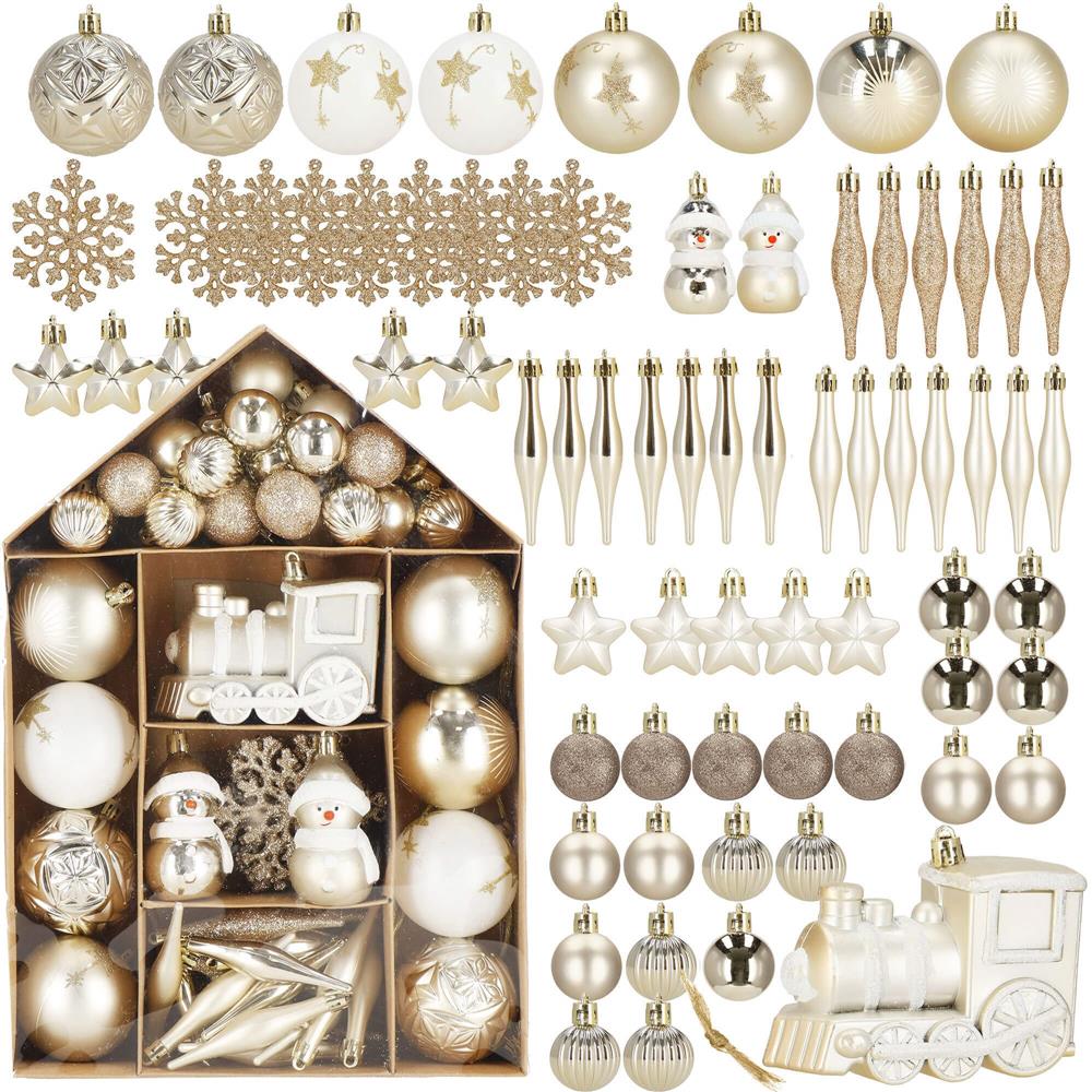Set globuri si decoratiuni de Craciun, 70 piese, diverse dimensiuni, auriu si crem
