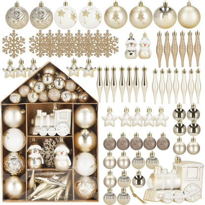 Set globuri si decoratiuni de Craciun, 70 piese, diverse dimensiuni, auriu si crem