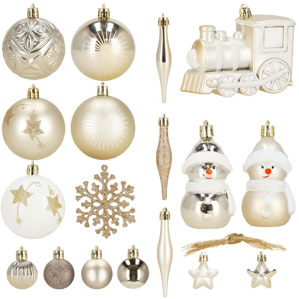 Set globuri si decoratiuni de Craciun, 70 piese, diverse dimensiuni, auriu si crem
