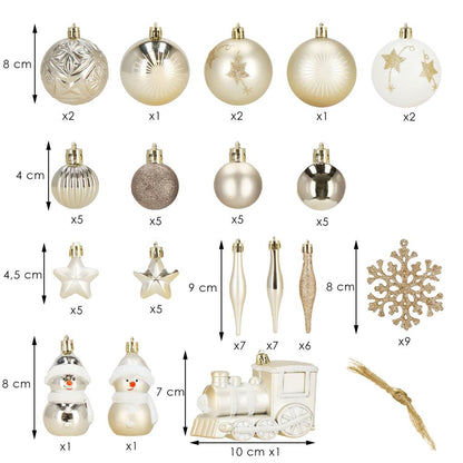 Set globuri si decoratiuni de Craciun, 70 piese, diverse dimensiuni, auriu si crem