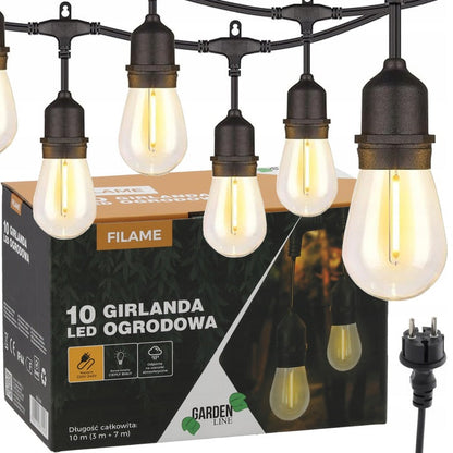 Ghirlanda luminoasa decorativa pentru exterior, alimentare la priza, 10 metri, 10 becuri LED cu iluminare calda 3000K, IP 44