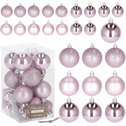Set globuri de Craciun, 25 bucati, 3 modele, 2,5cm si 4cm, roz