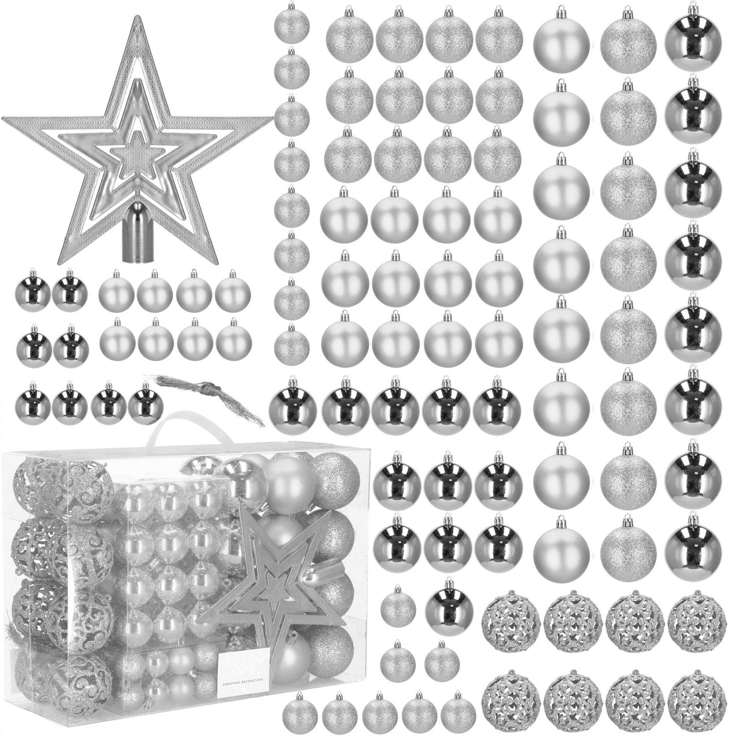 Set globuri si decoratiuni de Craciun, 100 piese, diverse dimensiuni cu stea, argintiu