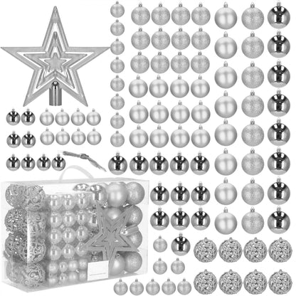Set globuri si decoratiuni de Craciun, 100 piese, diverse dimensiuni cu stea, argintiu