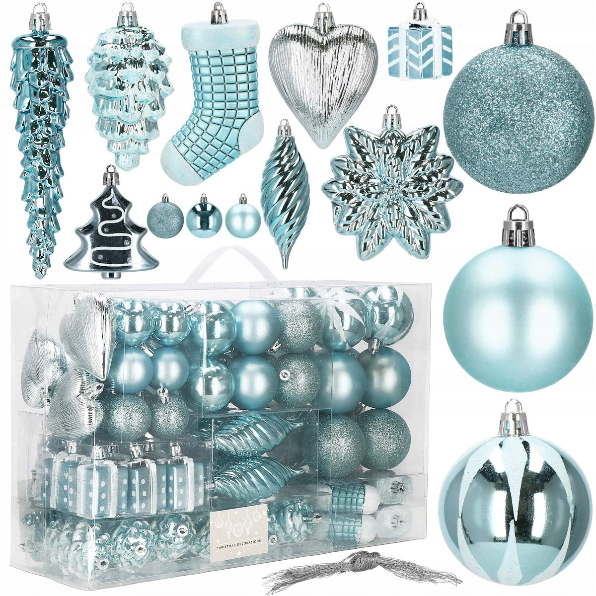 Set globuri si decoratiuni de Craciun, 72 piese, diverse dimensiuni, albastru
