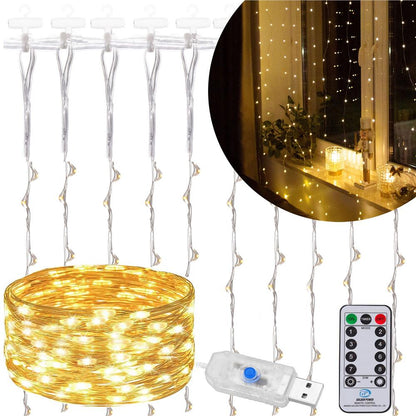 Ghirlanda luminoasa tip perdea 300 LED-uri, 3x3m, pentru interior, alimentare USB, alb cald (galben)