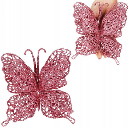 Set 10 ornamente pentru bradul de Craciun, Fluture cu sclipici, 16cm, roz
