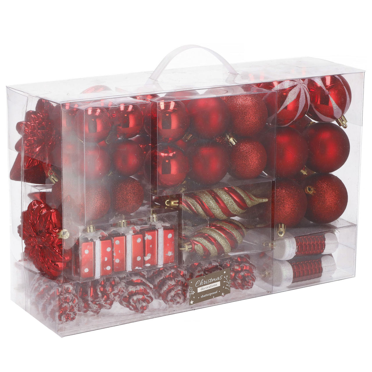 Set globuri si decoratiuni de Craciun, 72 piese, diverse dimensiuni, rosu