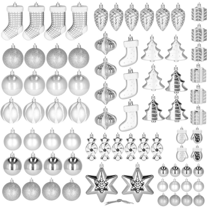 Set globuri si decoratiuni de Craciun, 77 piese, diverse dimensiuni, argintiu