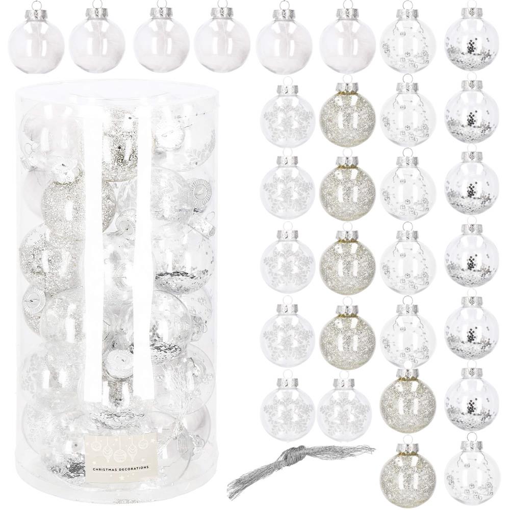 Set globuri de Craciun Inedit, 30 bucati, 7cm, transparente si argintiu