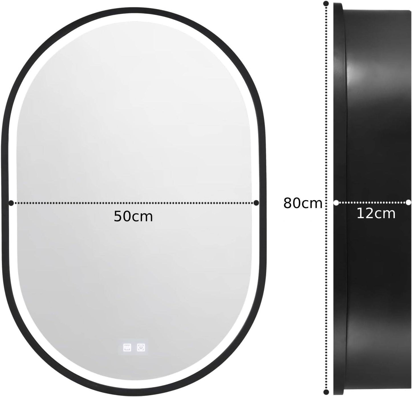 Oglinda LED cu Dulap, Ovala, 50x80cm, Dezaburire, Lumina Rece/Calda/Neutra, Rama Neagra, Spatiu de Depozitare