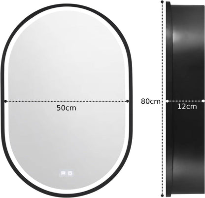 Oglinda LED cu Dulap, Ovala, 50x80cm, Dezaburire, Lumina Rece/Calda/Neutra, Rama Neagra, Spatiu de Depozitare