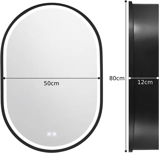 Oglinda LED cu Dulap, Ovala, 50x80cm, Dezaburire, Lumina Rece/Calda/Neutra, Rama Neagra, Spatiu de Depozitare