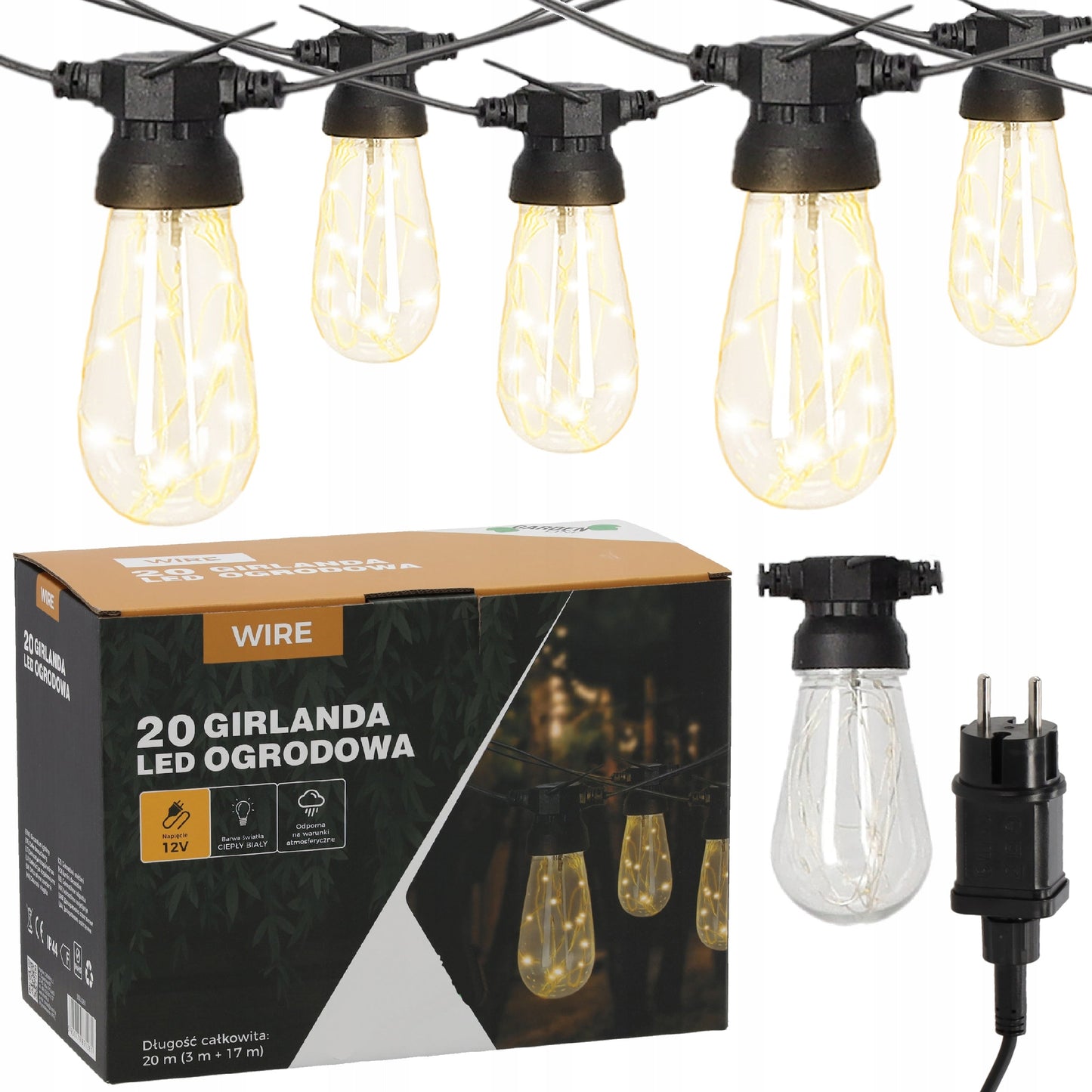 Ghirlanda luminoasa decorativa pentru exterior, alimentare la priza, 20 metri, 20 becuri LED cu iluminare calda 3000K, IP44