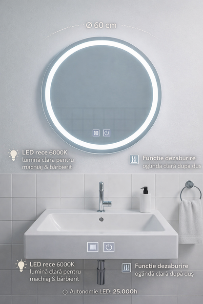Oglinda LED Rotunda, 60cm, Sfera Touch, Sistem Dezaburire, Dimabila