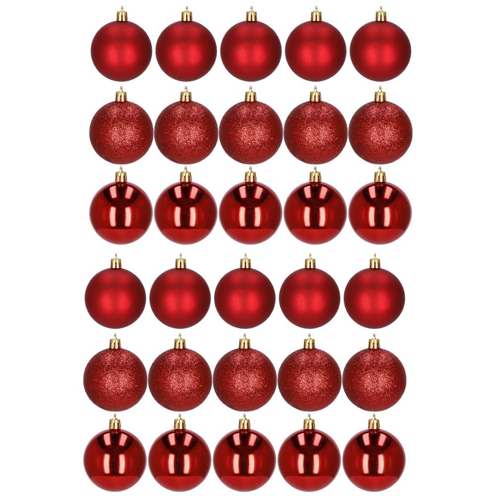 Set globuri de Craciun, 30 bucati, 3 modele, 6cm, rosu