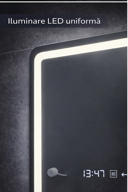 Oglinda LED Rectangulara, 60x80cm, Eclat MotionGlow Marcello, Ceas & Termometru, Sistem Dezaburire, Lupa Cosmetica, Dimabila