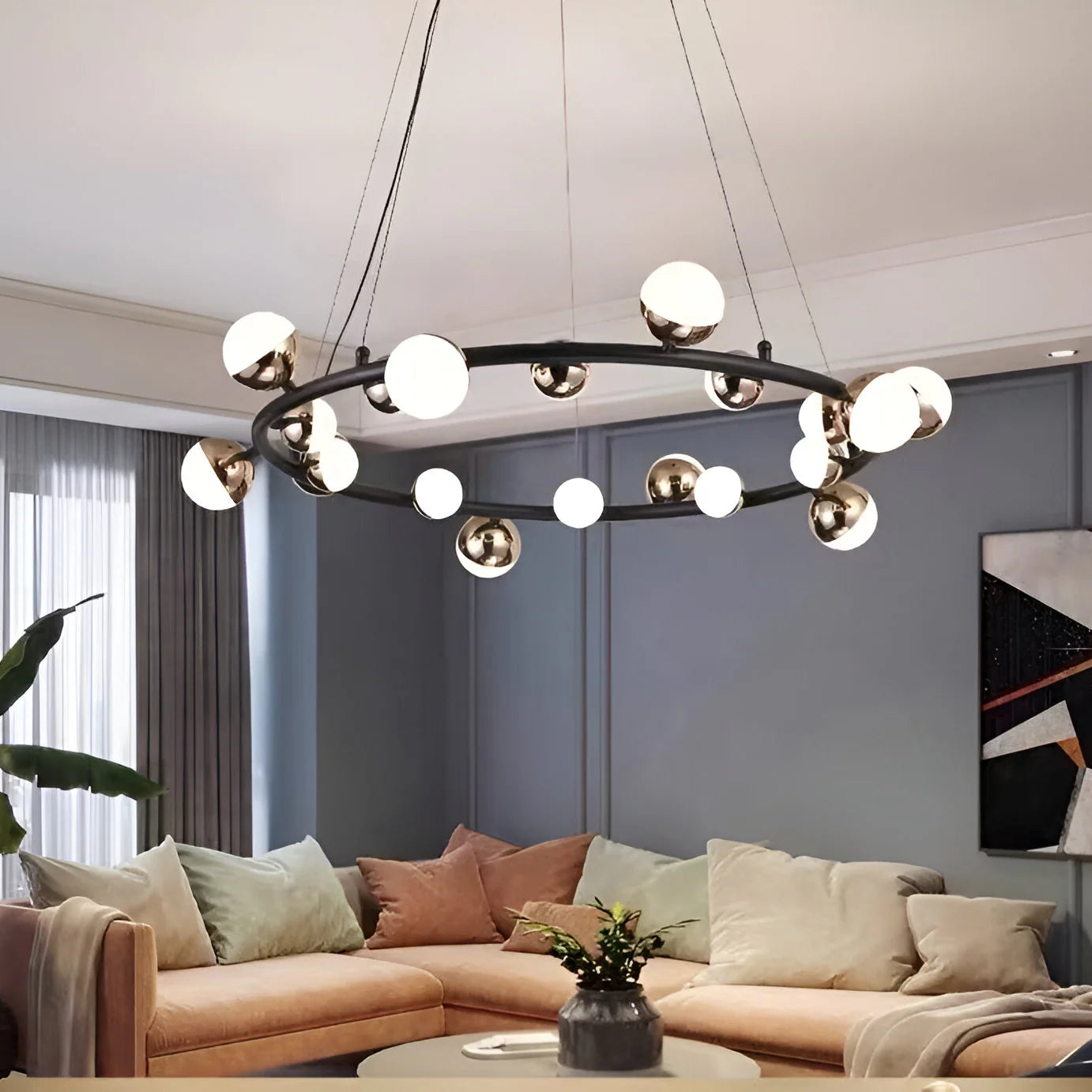 Lustra Suspendata LED Acril Estella cu Telecomanda, Dimabila, 3000K/4000K/6000K, Auriu, Metal si Acril